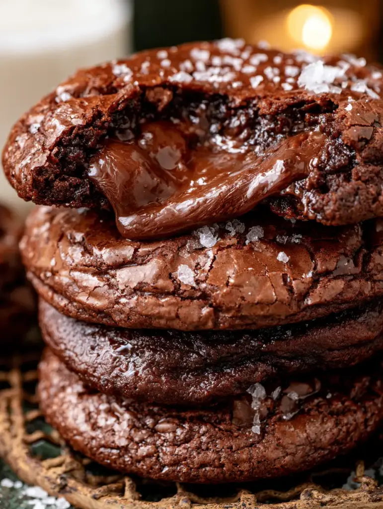 Close-up shot of a glossy, crackled chocolate cookie surface with flakes of sea salt.