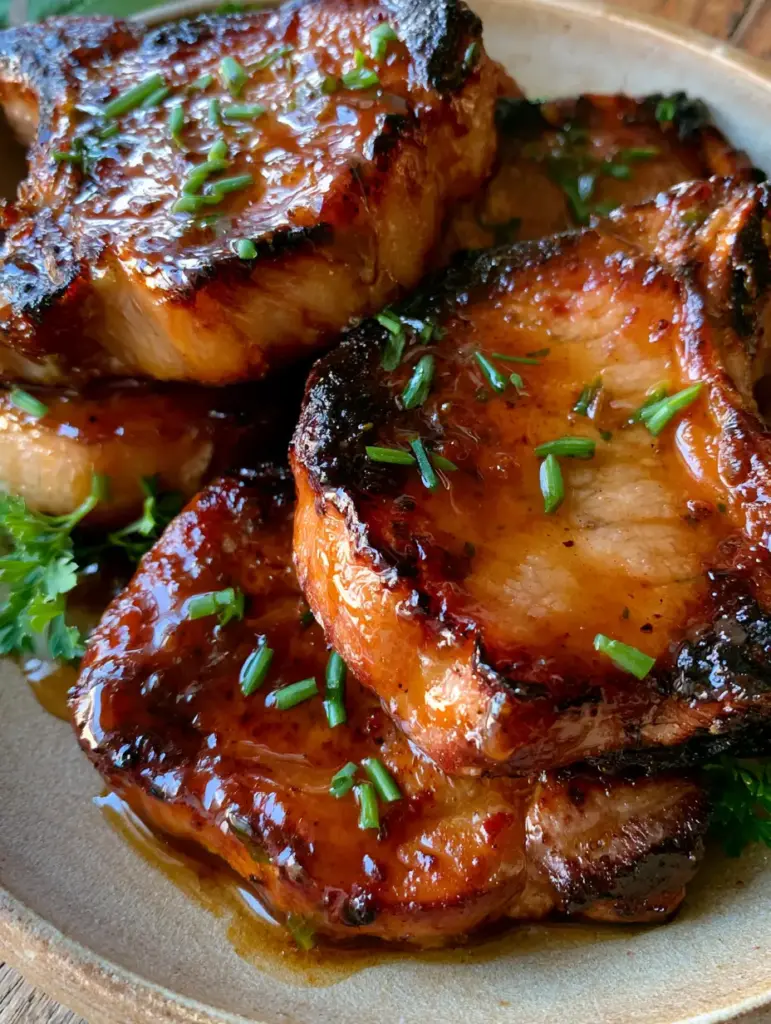 Brown Sugar Pork Chops: The Ultimate Glazed Bone-In Recipe 1 Close-up of the sticky brown sugar glaze dripping off the side of a thick-cut pork chop with green chives.