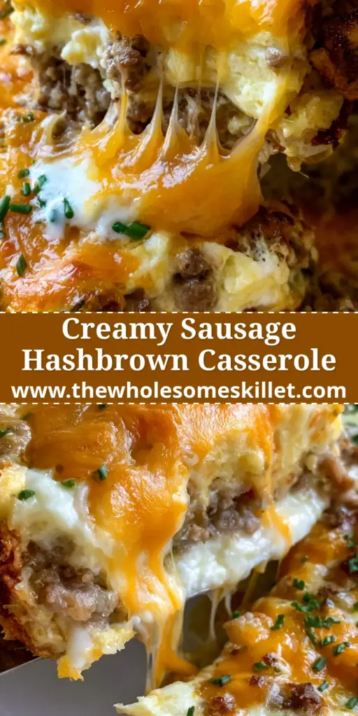 A generous slice of sausage egg hashbrown casserole being lifted with a spatula, showing a gooey cheese stretch and crispy potato layers.
