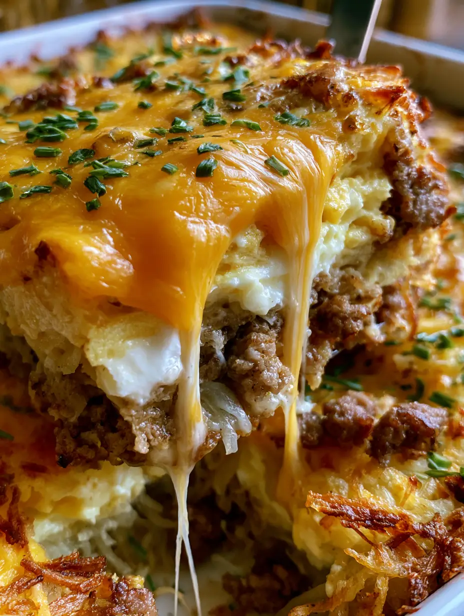 Close-up of a golden-brown sausage egg hashbrown casserole with bubbly cheese and fresh chives.