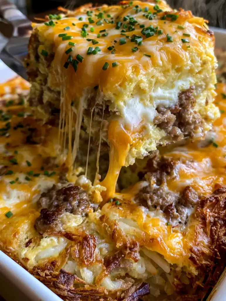 A slice of sausage egg hashbrown casserole showing the distinct layers of crispy potatoes, sausage, and cream cheese.