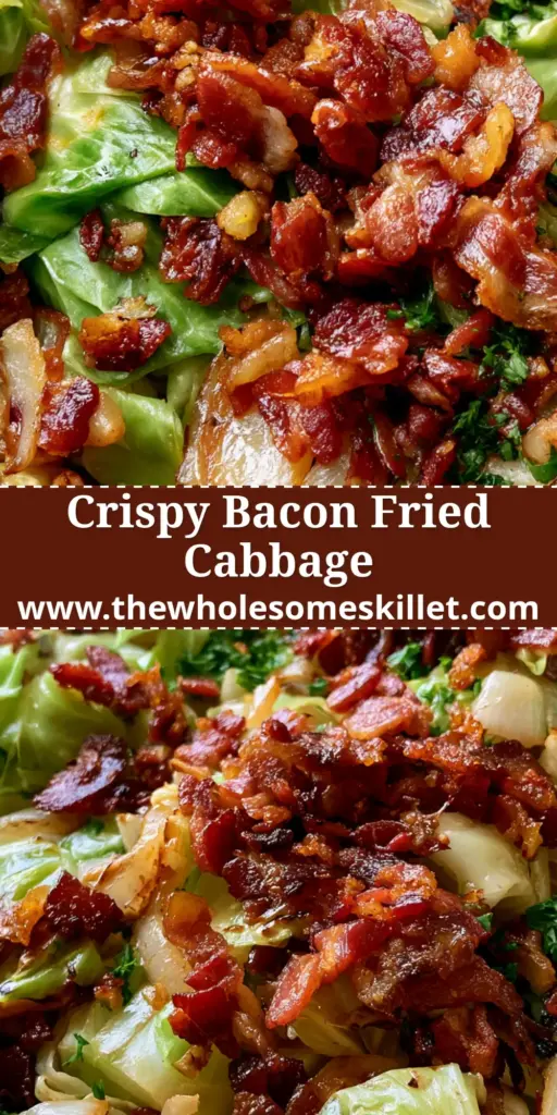 A rustic cast iron skillet filled with pan-fried green cabbage, caramelized white onions, and extra-crispy bacon bits topped with parsley. (cabbage bacon onions)