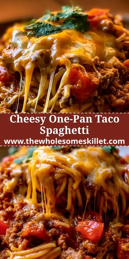 A steaming bowl of taco spaghetti topped with melted cheddar, Monterey Jack cheese, and fresh cilantro in a rustic bowl.