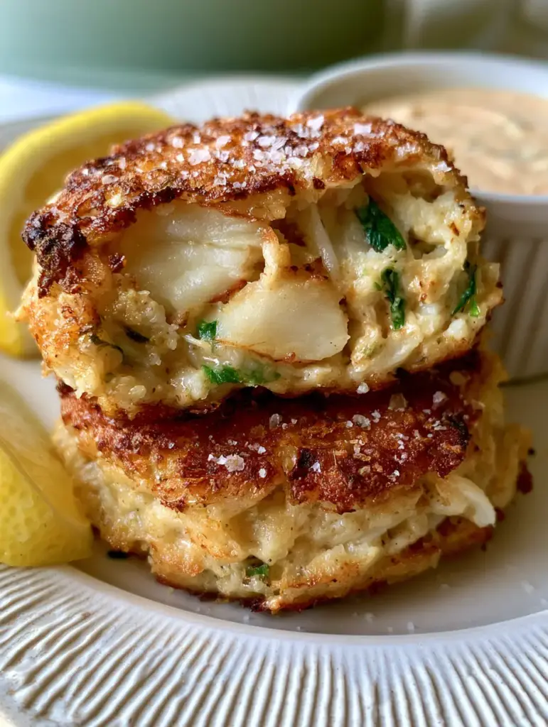 Crab Cakes: The Ultimate Jumbo Lump Restaurant-Style Recipe 2 Extreme close-up of a crab cake cut in half showing large chunks of crab meat and green herbs. (crab cakes)