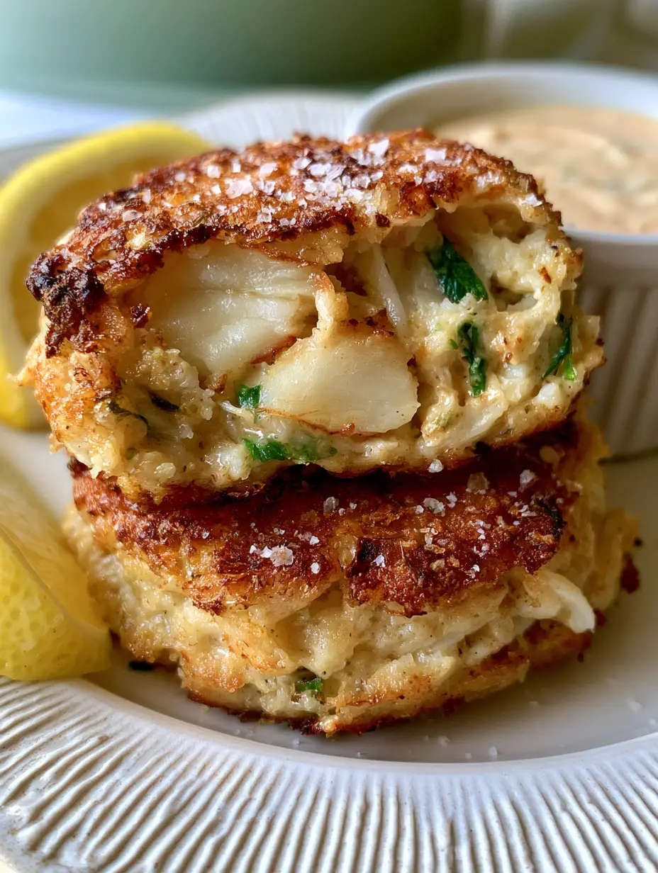 Crab Cakes: The Ultimate Jumbo Lump Restaurant-Style Recipe 3 Extreme close-up of a crab cake cut in half showing large chunks of crab meat and green herbs. (crab cakes)
