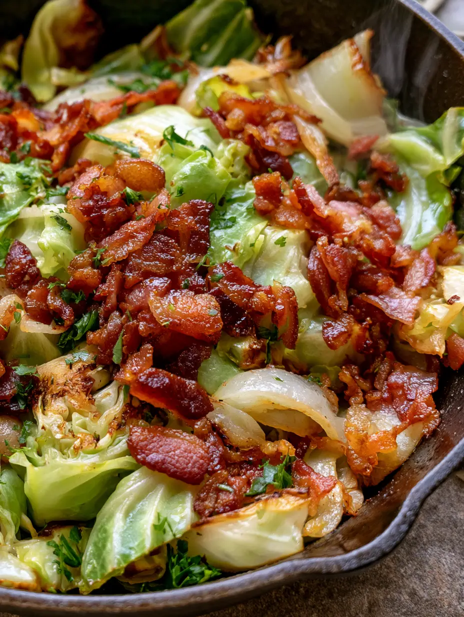 Close-up overhead shot of glistening green cabbage ribbons and golden caramelized onions. (cabbage bacon onions)