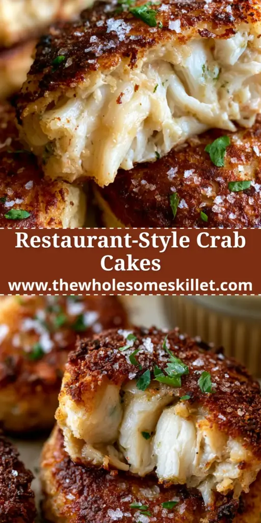 Several golden-brown pan-fried crab cakes with visible white flaky lump meat and coarse sea salt crystals. (crab cakes)