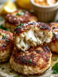 A close-up of a pan-fried crab cake cut open to show flaky white meat and green herbs. (crab cakes)