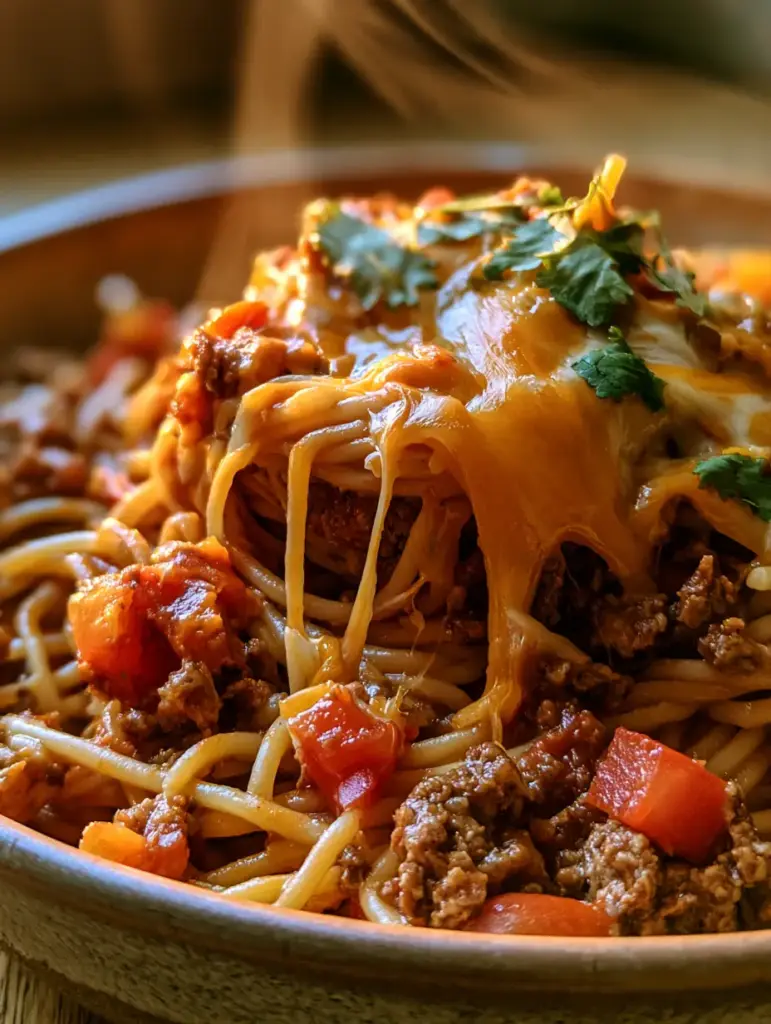 A rustic shallow bowl filled with seasoned taco spaghetti and bright red tomatoes.