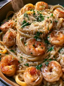 High-angle view of perfectly swirled linguine in a creamy garlic parmesan sauce with seared shrimp.