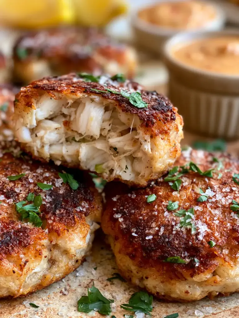 Crispy crab cakes on a rustic surface with a side of orange remoulade and a lemon wedge.
