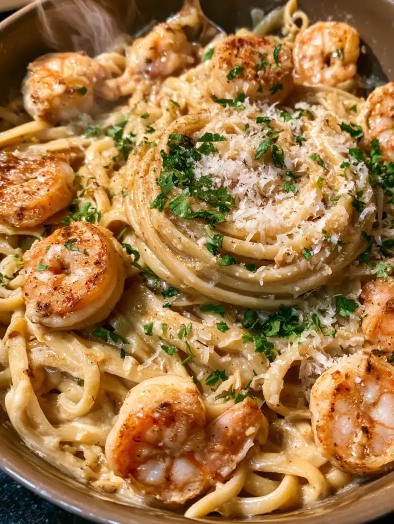 Garlic Shrimp Pasta with a Glistening Parmesan Cream Sauce 1 Close-up of garlic shrimp pasta topped with fresh parsley and abundant grated parmesan cheese.