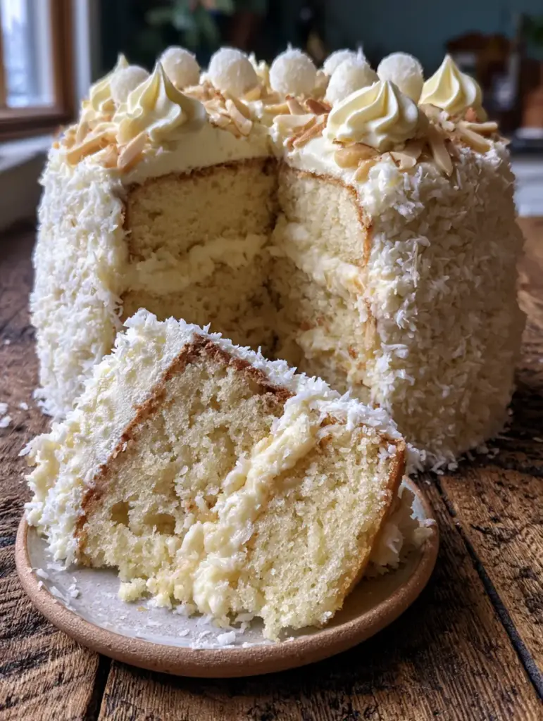 Close-up of fluffy white frosting, shredded coconut, and piped stars on a white chocolate coconut cake.