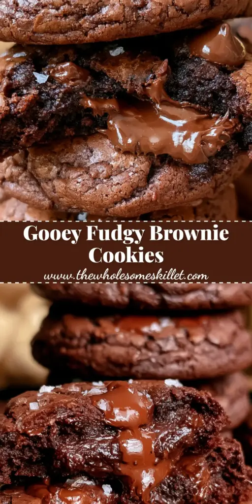 A tall stack of four decadent brownie cookies showing crackled tops and melted chocolate chips on a rustic background. (brownie cookies)