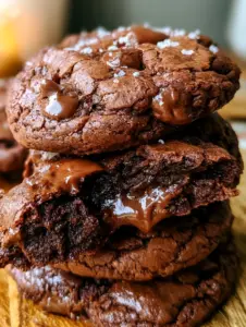 Close-up smartphone photo of a stack of four brownie cookies with glistening chocolate chips and flaky salt. (brownie cookies)