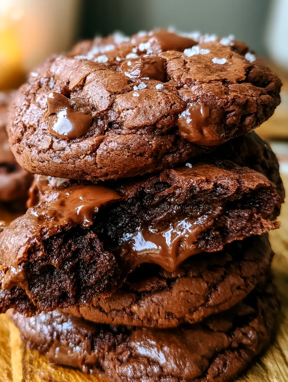 Close-up smartphone photo of a stack of four brownie cookies with glistening chocolate chips and flaky salt. (brownie cookies)