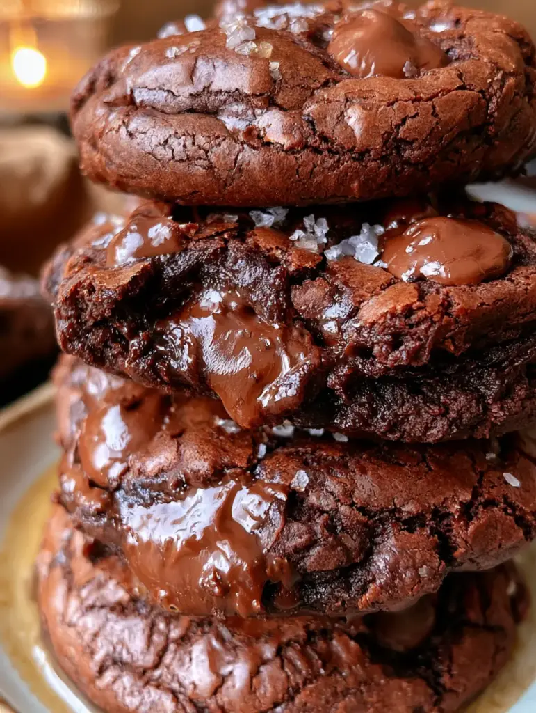 A brownie cookie broken in half to reveal a deeply gooey, molten chocolate interior. (brownie cookies)