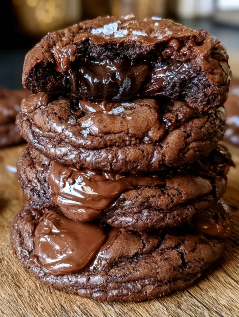 Brownie Cookies with a Crinkly Crust and Gooey Molten Center 2 Close-up of a broken brownie cookie revealing a molten dark chocolate center and shiny crinkled crust. (brownie cookies)