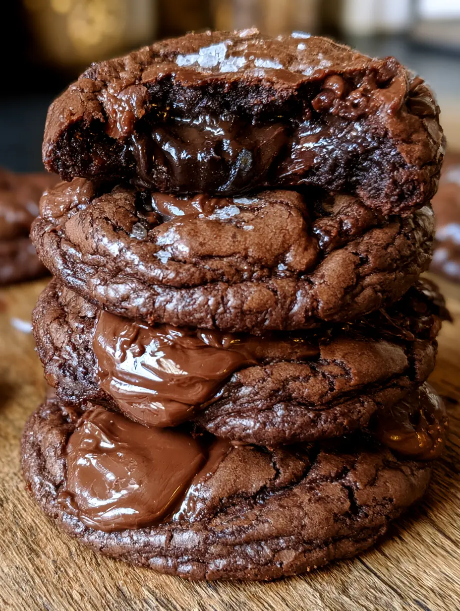 Brownie Cookies with a Crinkly Crust and Gooey Molten Center 3 Close-up of a broken brownie cookie revealing a molten dark chocolate center and shiny crinkled crust. (brownie cookies)