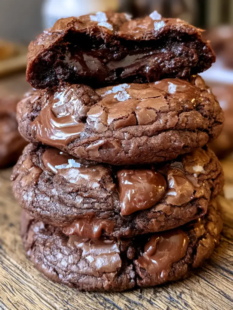 Brownie Cookies with a Crinkly Crust and Gooey Molten Center 1 High-angle shot of brownie cookies on a rustic wood surface with glistening chocolate chunks and sea salt flakes. (brownie cookies)