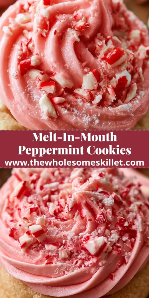 Peppermint Sugar Cookies with Vibrant Pink Buttercream and Candy Cane Crunch 3 Close-up of a peppermint sugar cookie with thick pink buttercream frosting and crushed candy canes on a rustic wooden table.
