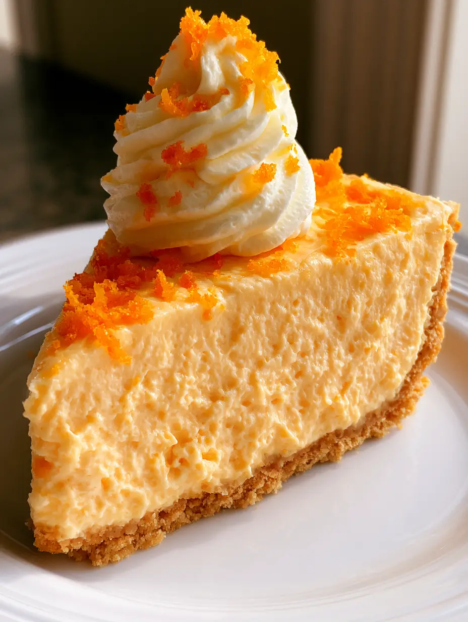 Macro close-up of orange dreamsicle pie layers showing the airy texture of the orange mousse and buttery graham cracker crust.