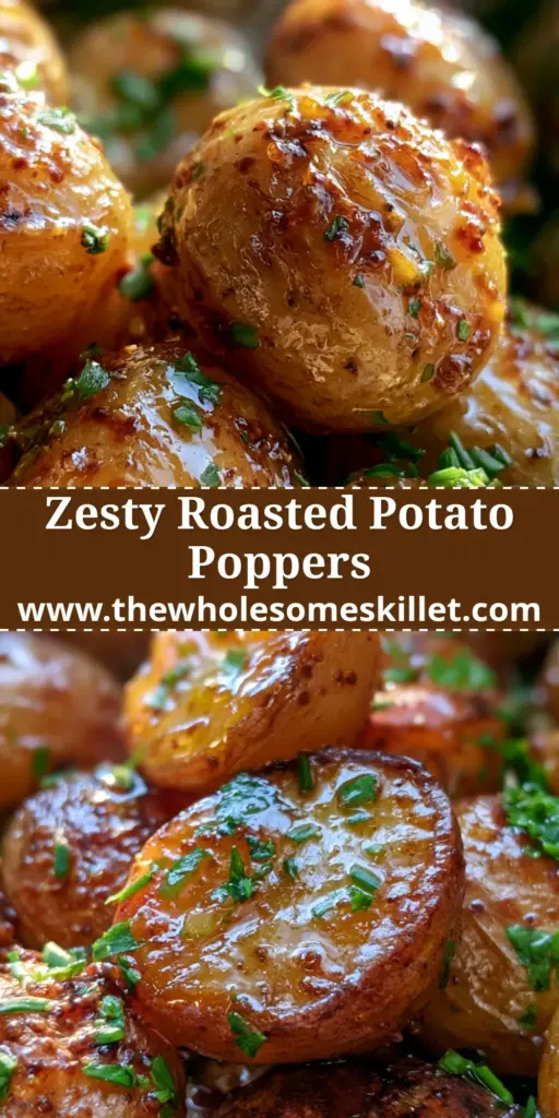A close-up of glistening roasted baby potatoes in a rustic dish with whole grain mustard seeds and fresh herbs.