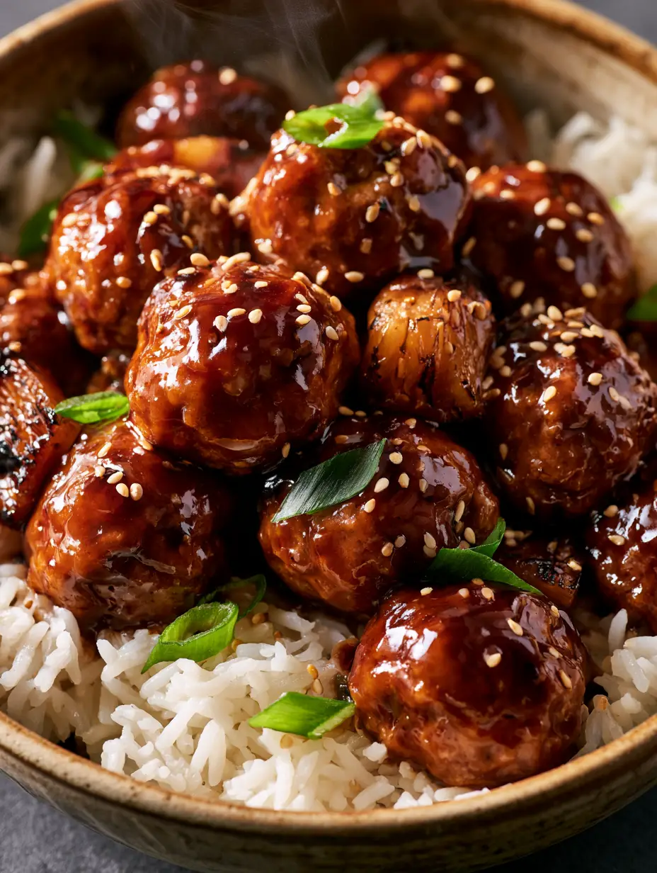 Close-up of mahogany-glazed teriyaki meatballs topped with sesame seeds and scallions in a ceramic bowl.