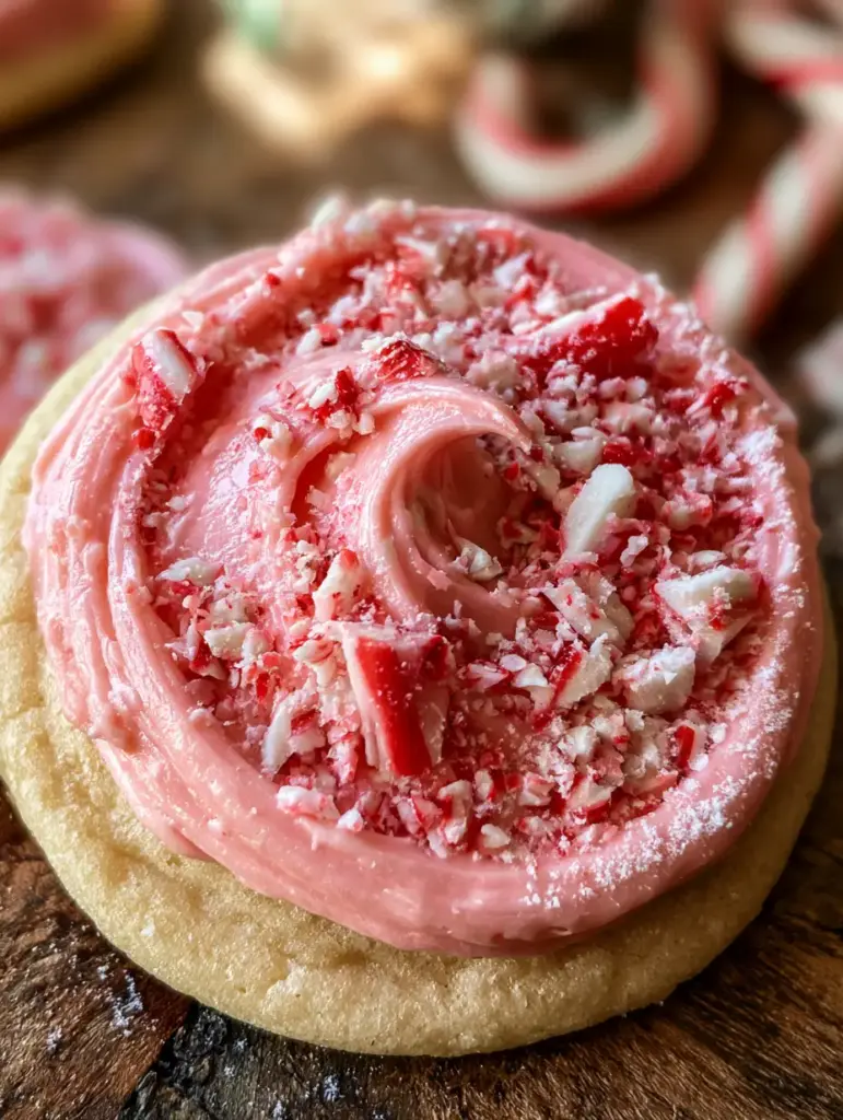 Peppermint Sugar Cookies with Vibrant Pink Buttercream and Candy Cane Crunch 2 High angle shot of a round peppermint sugar cookie with a thick swirled pink frosting layer and candy cane fragments.
