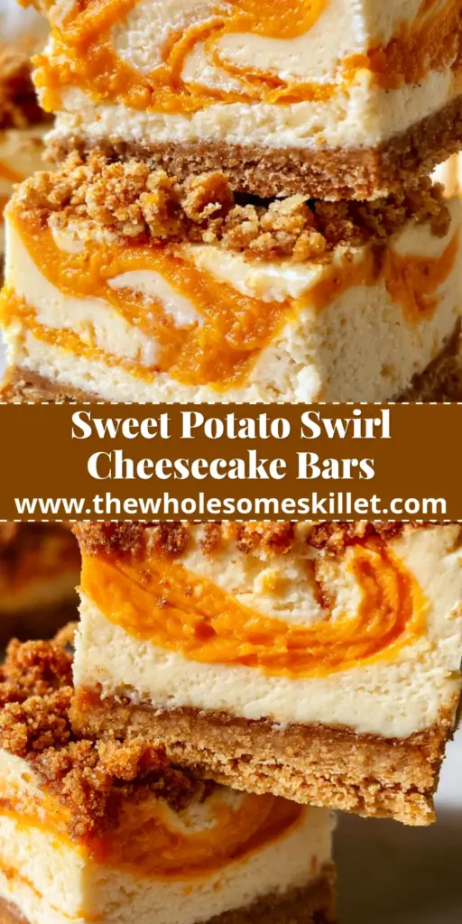 A close-up shot of sweet potato cheesecake bars showing thick graham cracker crust and vibrant orange swirls on a light grey background.