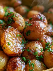 Detailed view of charred skin on roasted baby potatoes with visible whole grain mustard seeds.