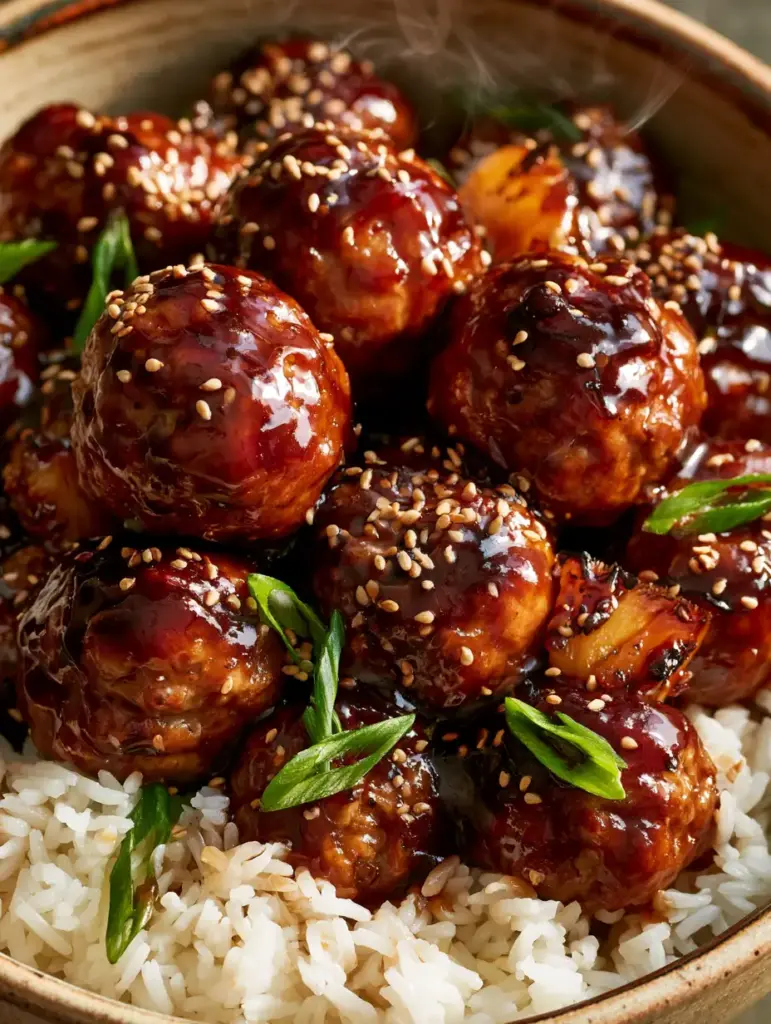 Overhead shot of teriyaki meatballs nestled in fluffy jasmine rice with charred pineapple peeking through.