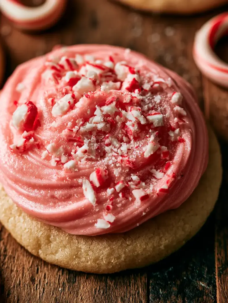 Peppermint Sugar Cookies with Vibrant Pink Buttercream and Candy Cane Crunch 1 Intimate shot of peppermint sugar cookies showing the golden brown edges and the fine white peppermint powder dusting.