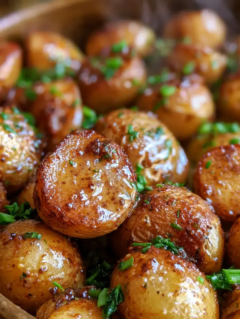 Handheld photo of roasted baby potatoes reflecting warm light with fresh green chives and parsley.