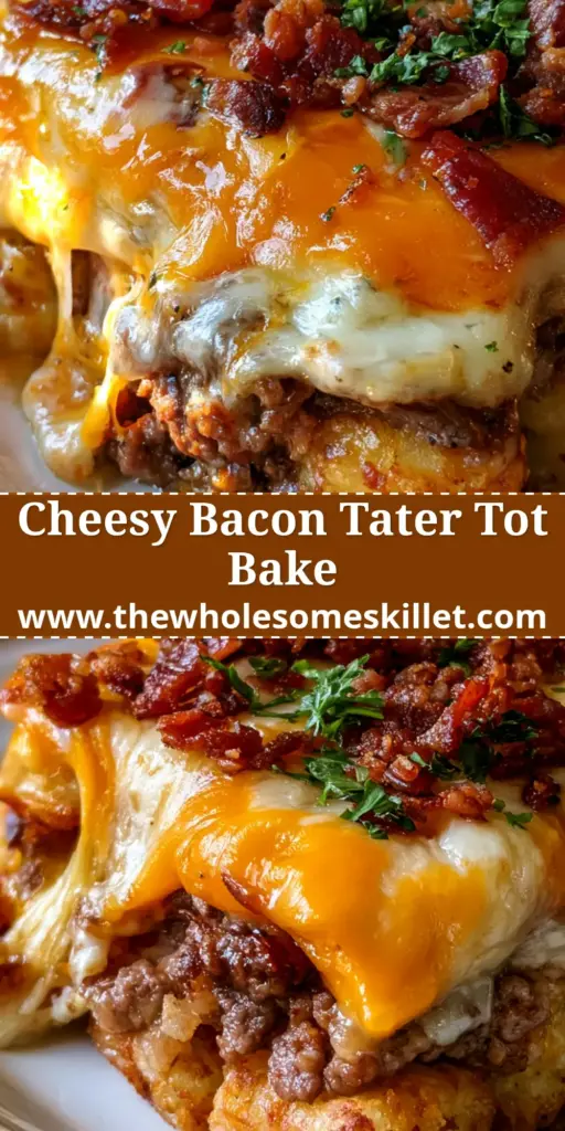 A cross-section slice of tater tot beef bake on a rustic plate showing layers of tots, beef, and melted cheese topped with bacon and parsley. (tater tot beef bake)