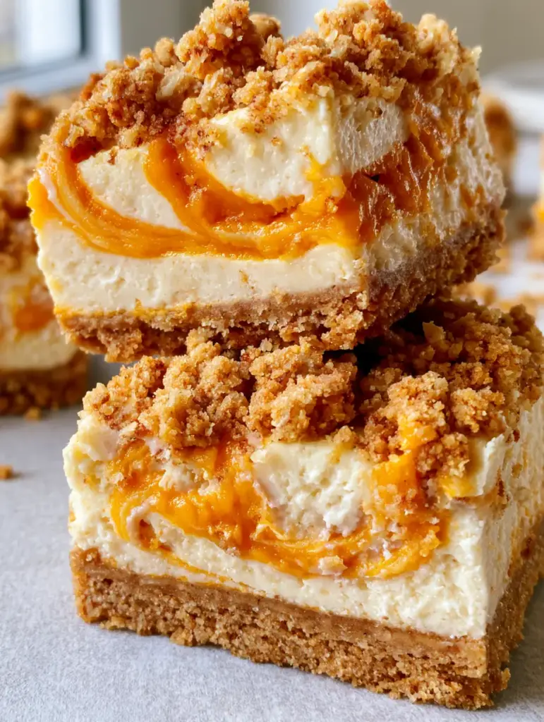 Top-down view of the artistic orange sweet potato swirl and golden-brown streusel topping.