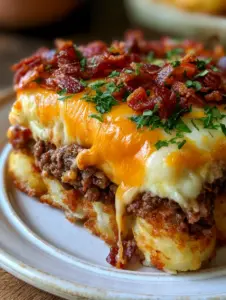 Close-up handheld photo of a cross-section of a tater tot beef bake featuring golden tots and bubbly cheese. (tater tot beef bake)