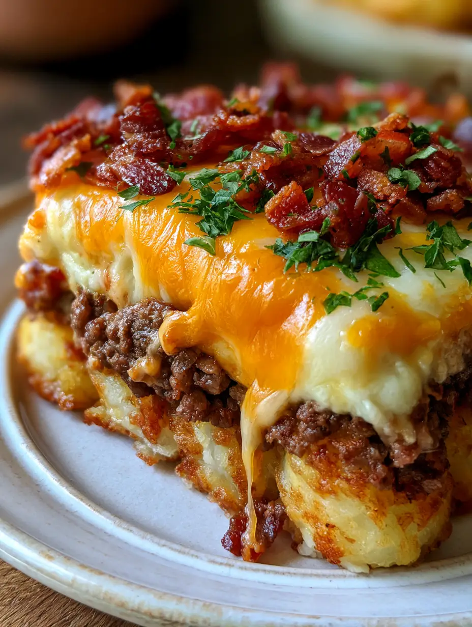 Close-up handheld photo of a cross-section of a tater tot beef bake featuring golden tots and bubbly cheese. (tater tot beef bake)