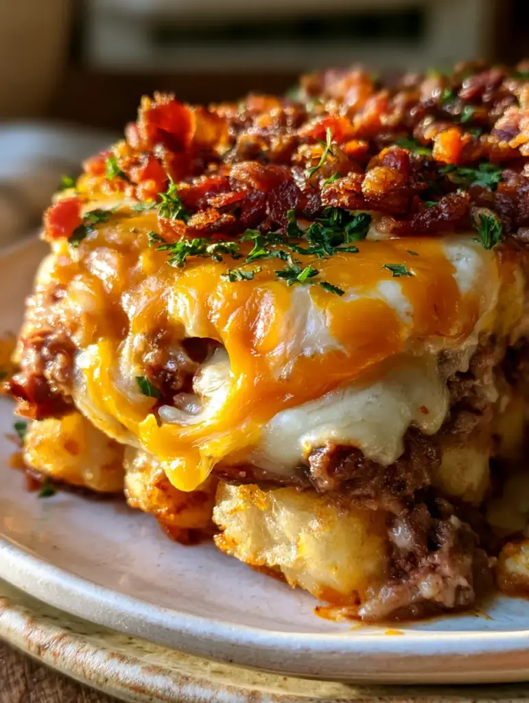 A mouth-watering slice of tater tot beef bake with a visible cheese pull and vibrant green parsley. (tater tot beef bake)