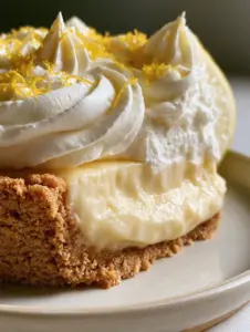 A hyper-realistic slice of lemon cheesecake pie showing the silky filling and crumbly golden crust.