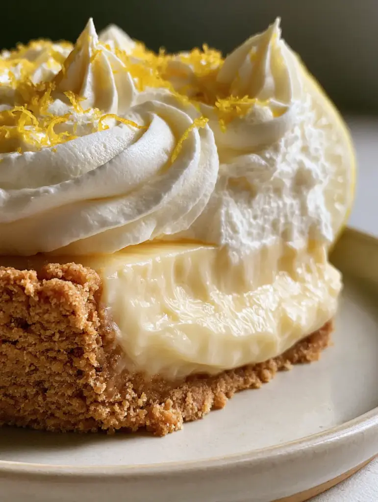 Lemon Cheesecake Pie: The Ultimate Silky & Zesty No-Bake Dessert 2 A hyper-realistic slice of lemon cheesecake pie showing the silky filling and crumbly golden crust.