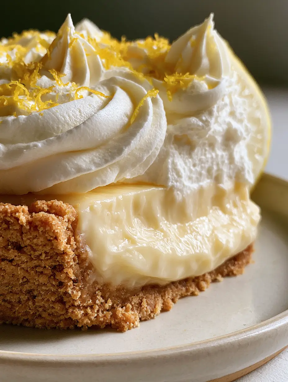 Lemon Cheesecake Pie: The Ultimate Silky & Zesty No-Bake Dessert 3 A hyper-realistic slice of lemon cheesecake pie showing the silky filling and crumbly golden crust.