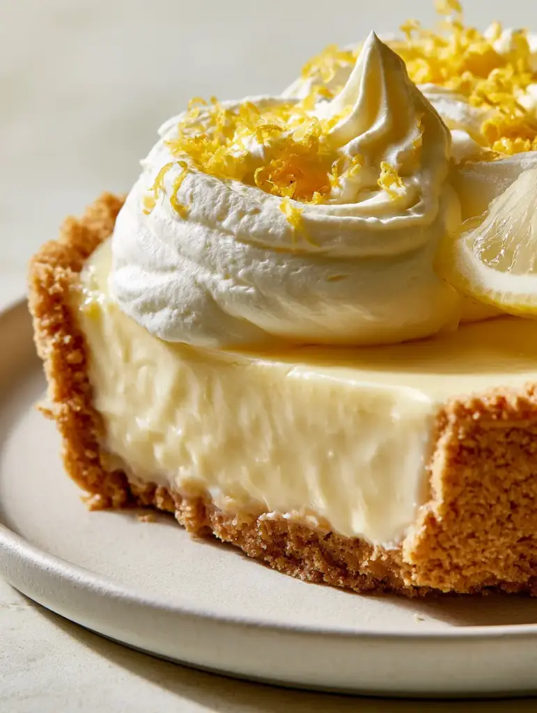 Lemon Cheesecake Pie: The Ultimate Silky & Zesty No-Bake Dessert 1 Close-up of whipped cream swirls and finely curled lemon zest on top of a lemon cheesecake pie.