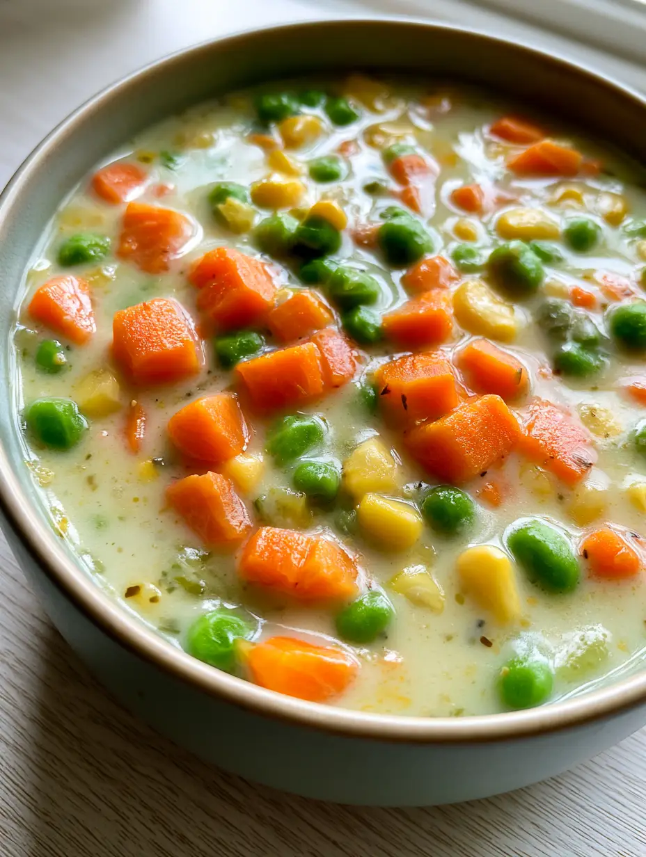 Overhead view of a rich creamy vegetable soup with vibrant diced carrots and green peas in a ceramic bowl.