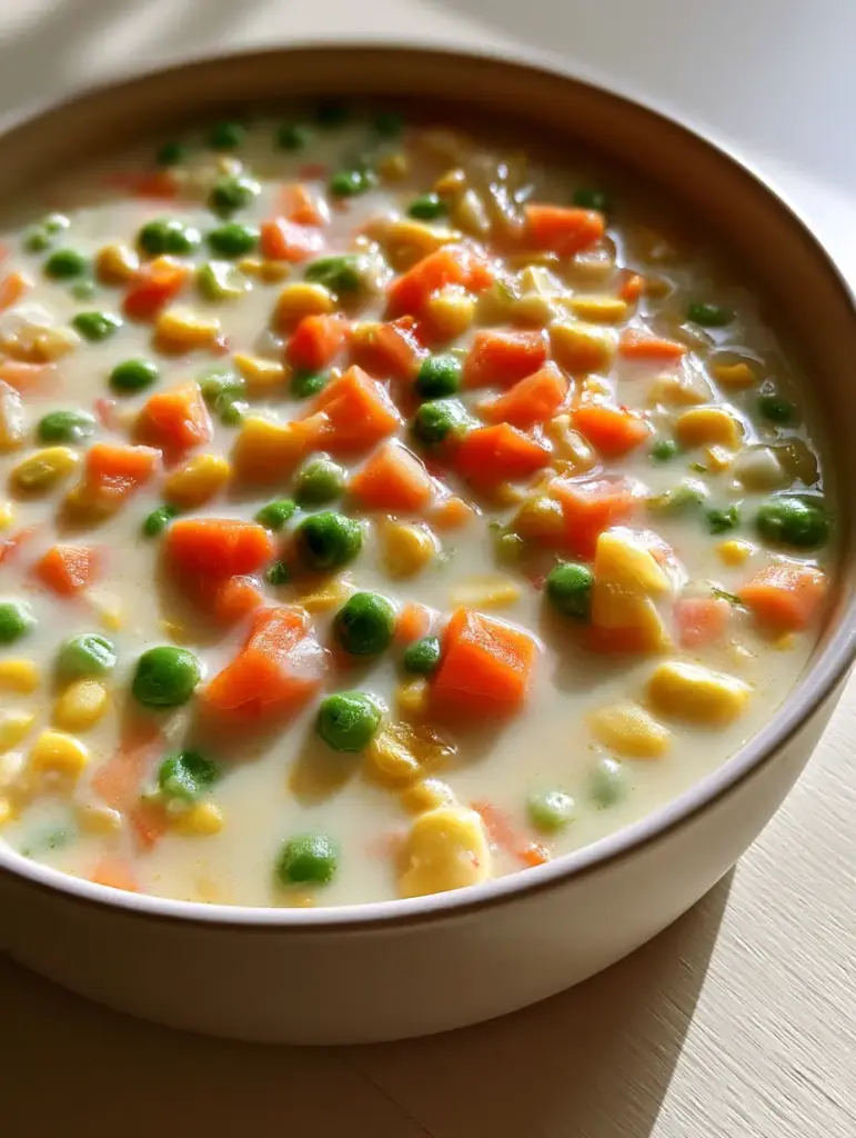 Close up of steaming creamy vegetable soup showcasing golden corn and bright green peas.