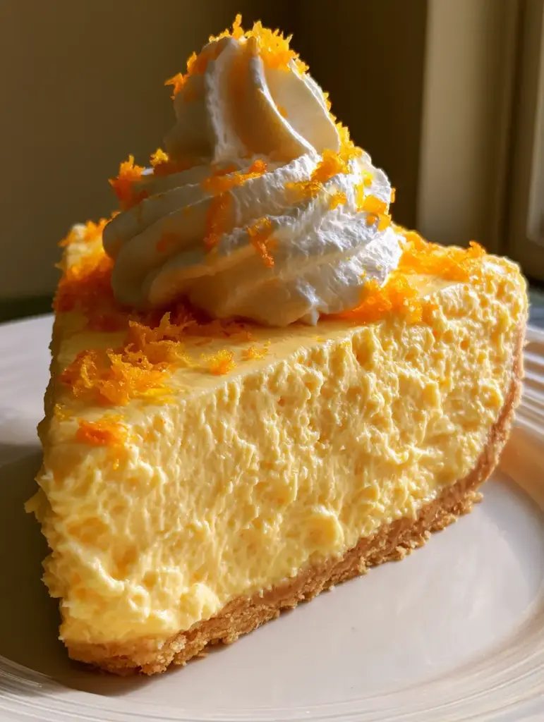 A close-up shot of a whipped cream swirl topped with fresh orange zest on an orange dreamsicle pie.