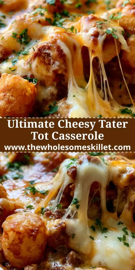 A top-down view of a golden-brown tater tot casserole in a white ceramic dish with melting cheese and fresh parsley. (tater tot casserole)
