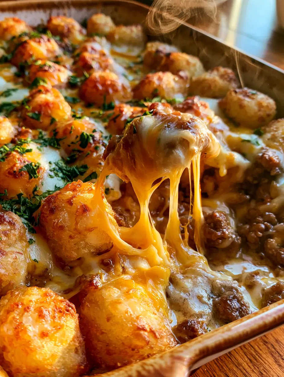 A close-up of a multi-layered tater tot casserole showing the crispy tots and bubbling cheese layers. (tater tot casserole)