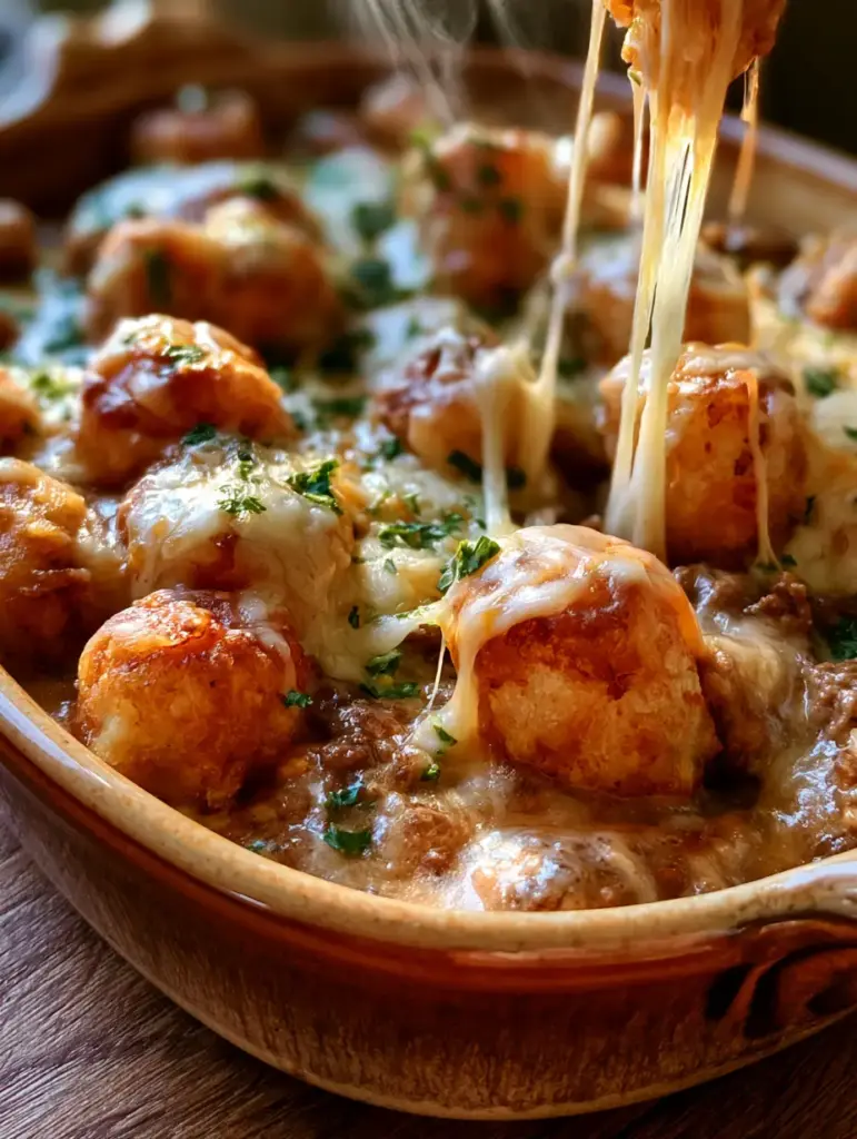 A top-down shot of a rustic ceramic dish filled with bubbling tater tot casserole and a dramatic cheese pull.
