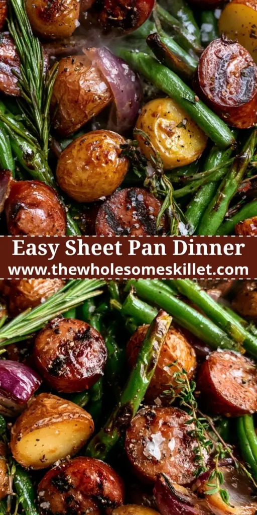Sausage Potatoes Green Beans: The Ultimate Sheet Pan Skillet Roast 3 A top-down view of a rustic skillet filled with roasted sausage potatoes green beans and red onions. (sausage potatoes green beans)